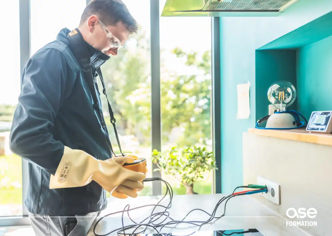 Diagnostiqueur immobilier en formation continue réalisant une mesure électrique lors d'un cas test pratique